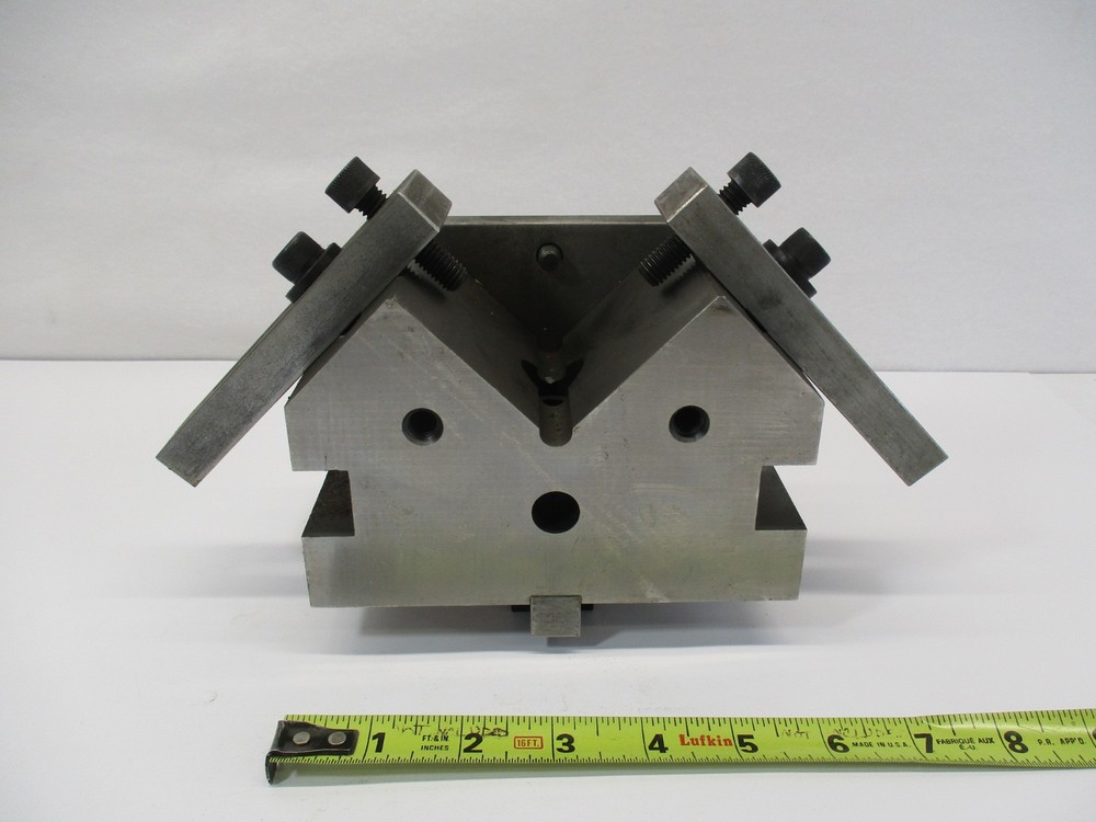 Large Vee Block FIXTURE Hard Ground V & (2) Clamps, Back Stop Bright V Block EC
