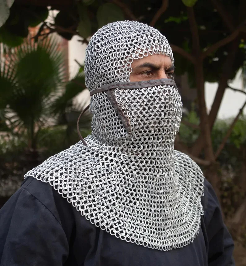 Chainmail Coif With Mask Leather Attached 10MM Flat Ring Riveted With Washer