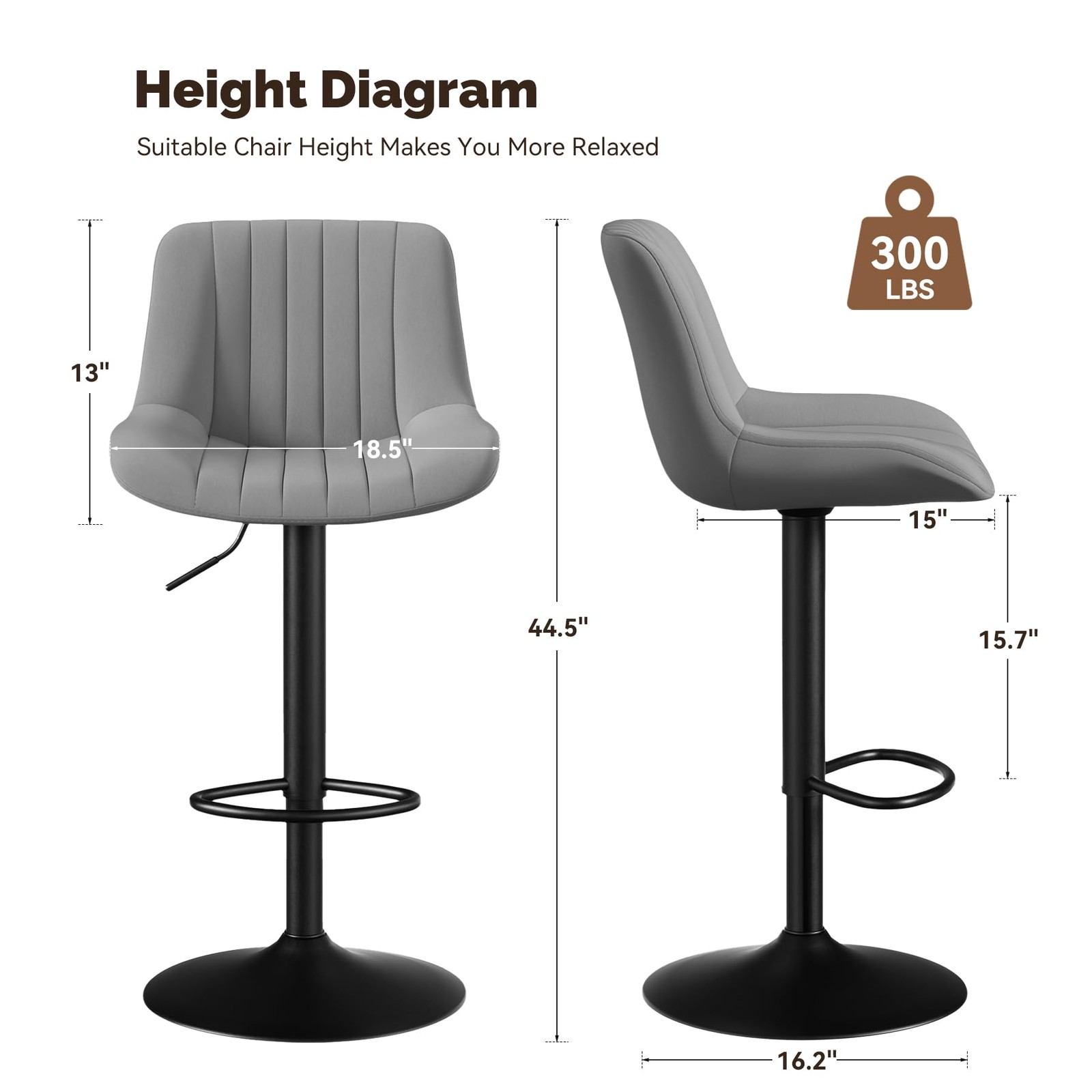 Set of 2 Adjustable Swivel Bar Stools with Backs Counter Height Dark Grey