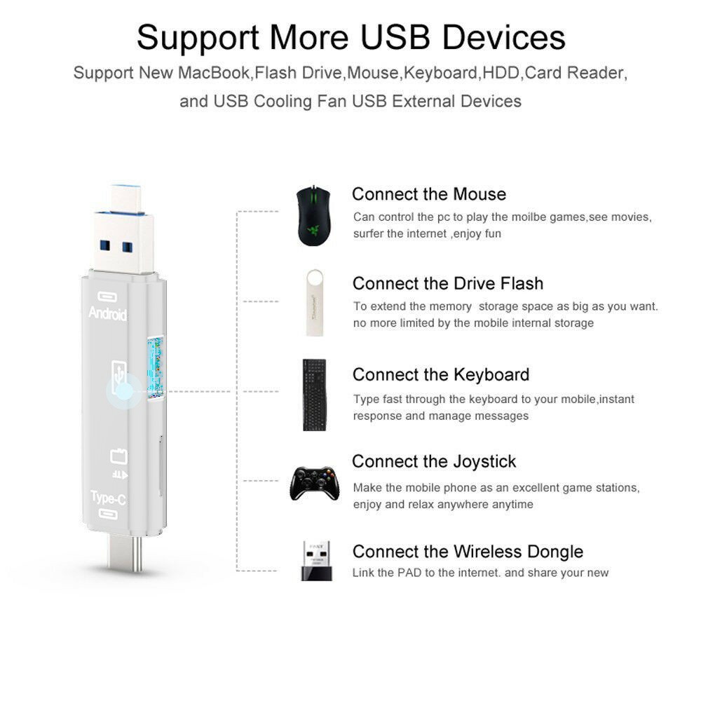 1Pc 5 in 1 USB 3.0 Type C / USB / Micro USB SD TF Memory Card Reader OTG Adapter