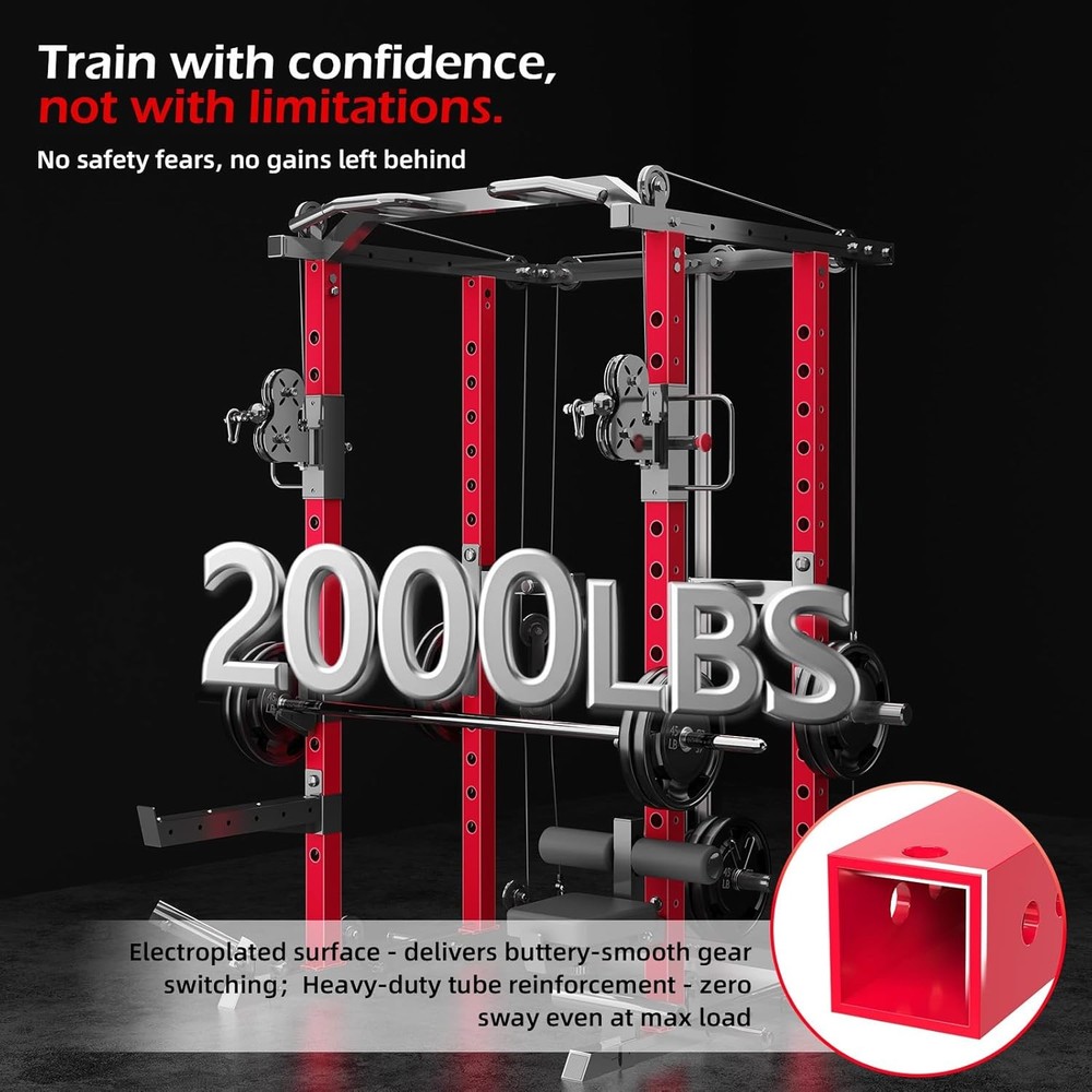 Power Squat Rack Cage, 2000lbs Weight Cable Machine with LAT Pulldown for Sport