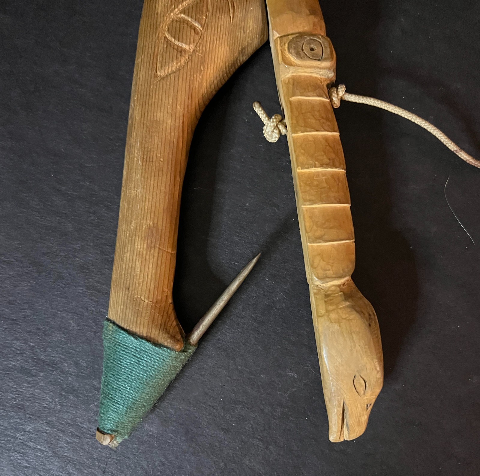 HAIDA-TLINGIT ANTIQUE HALIBUT HOOK w/Carved Totems Vintage Native Fishing