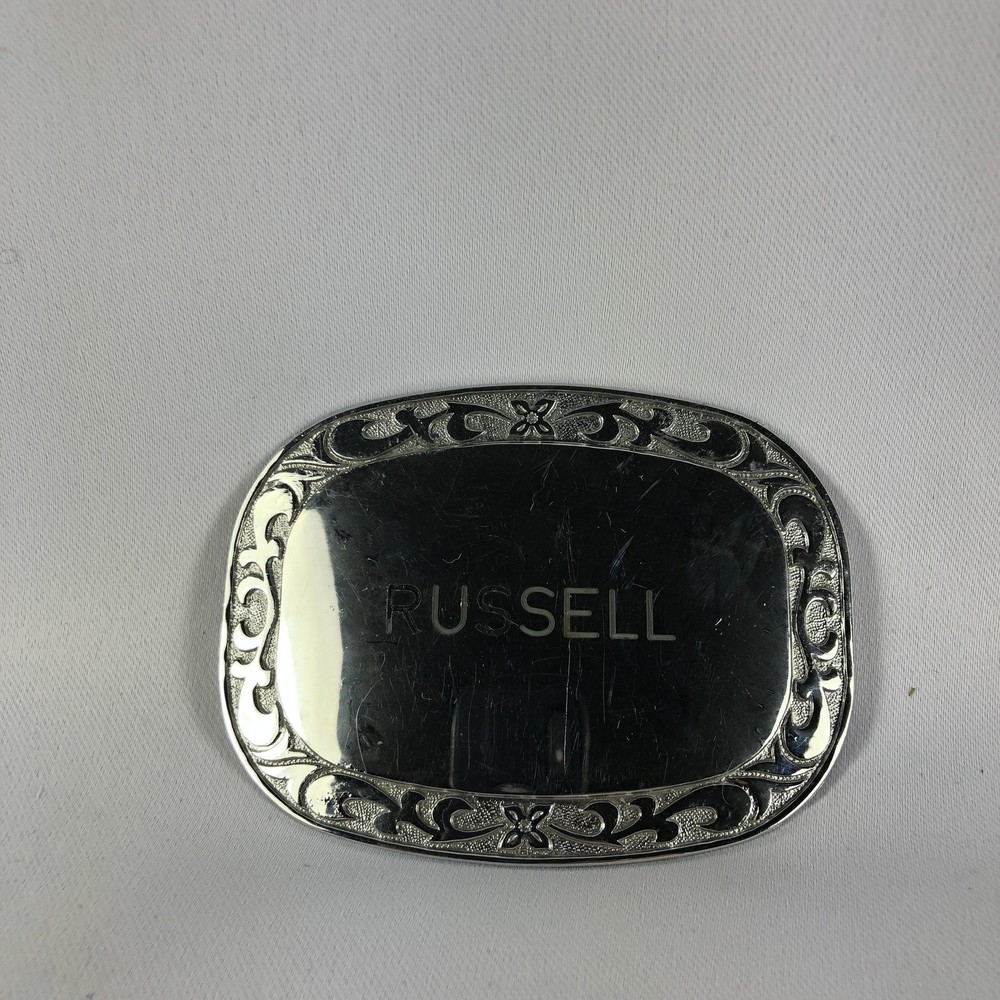 Vintage Western Belt Buckle Silver Tone Custom “RUSSELL” Nameplate Floral Scroll