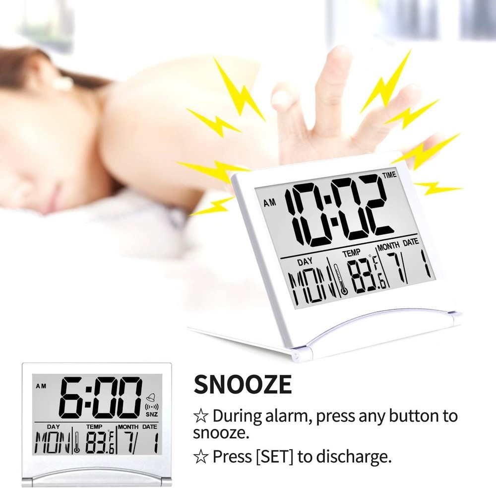 User-Friendly Travel Alarm Clock – LCD, Foldable with Snooze Mode, Lightweight