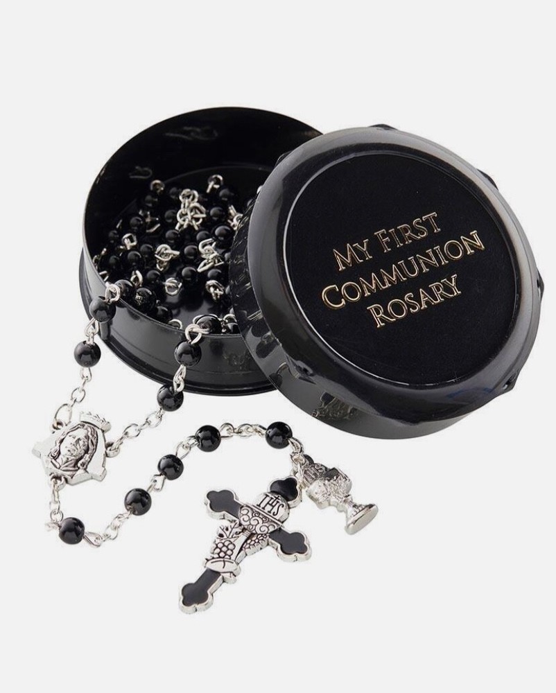 First Communion Rosary Boys Jet Black Enamel Gift Box Primera Comunion Rosario