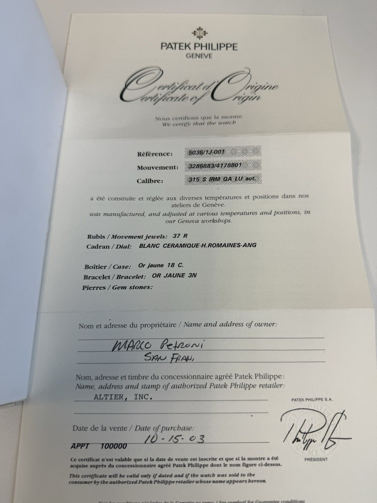 Authentic Patek Philippe 5036/1j Certificate
