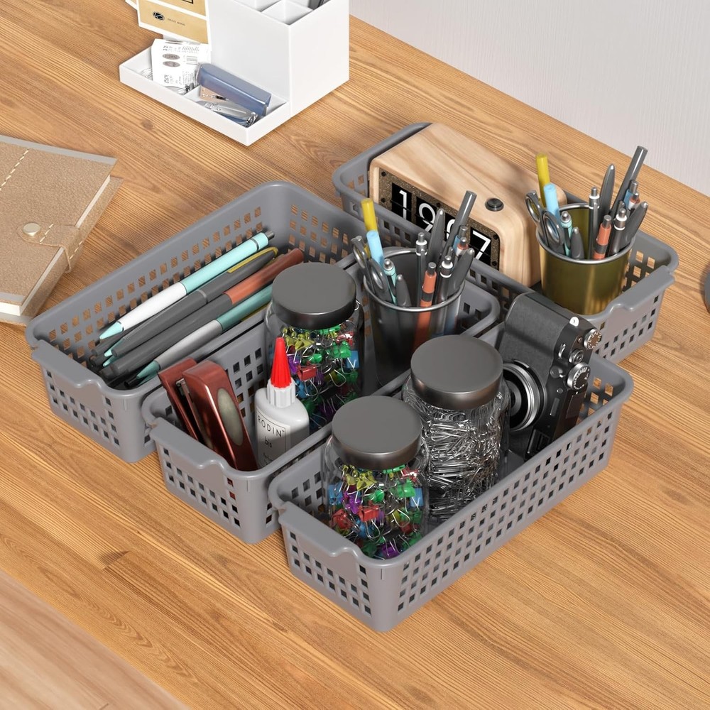 Slim Plastic Storage Baskets, Gray Small Shelf Baskets, 4 Pack