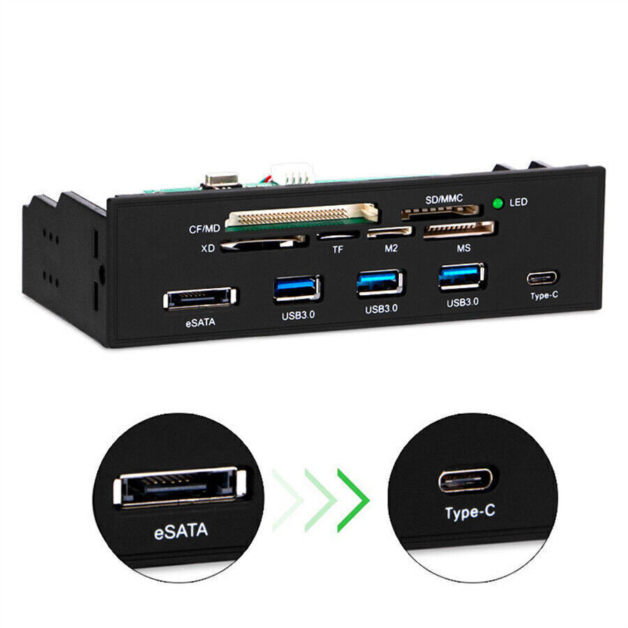 5.25" PC Computer Front Panel USB Card Reader USB 3.0 Type-C eSATA MD SD MMC TF