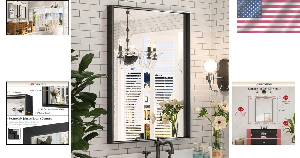 Bathroom Mirror Black 22x30 Inch Rectangular Over Sink Wall Vanity Modern