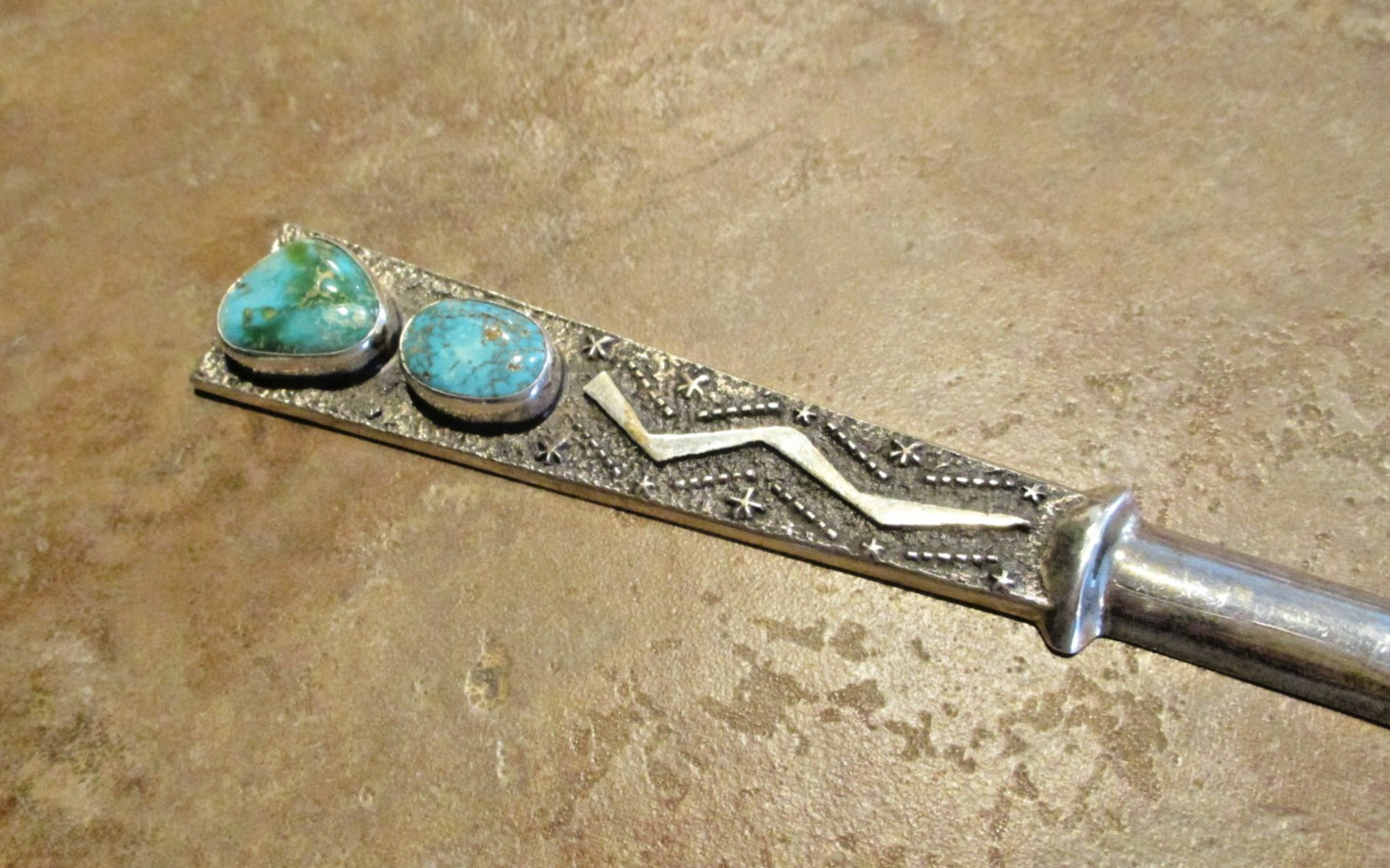 7" TOP SHELF !!! Vintage Navajo Sterling Turquoise Sandcast LETTER OPENER