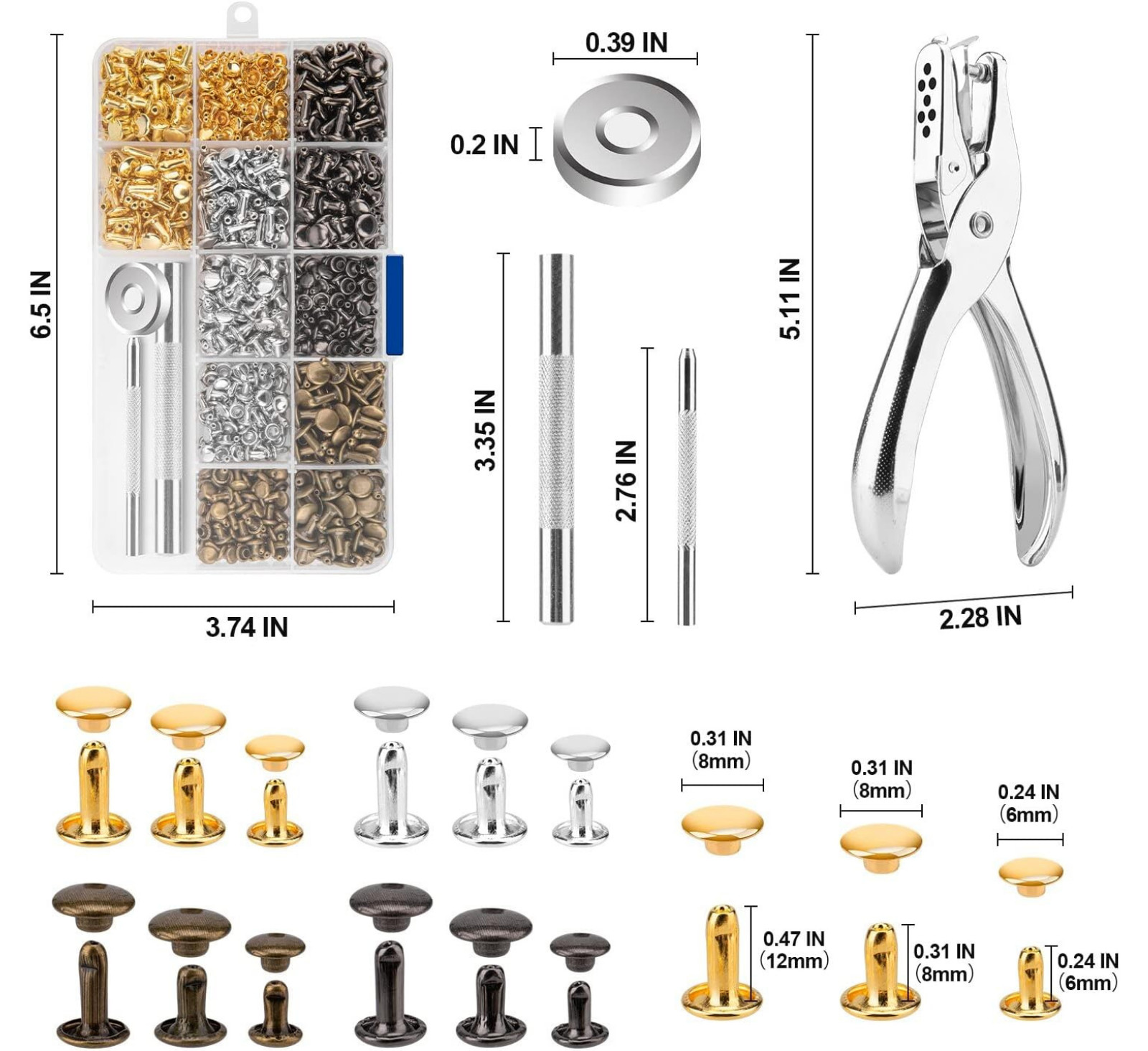 480 Sets Rivets for Leather, 4 Colors 3 Sizes Leather Rivets, Double Cap Rivets