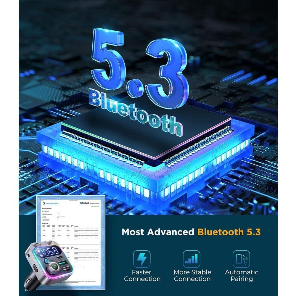 Bluetooth 5.3 FM Transmitter Car Adapter Dual Mics Hifi Deep Bass Sound 48W PD Q