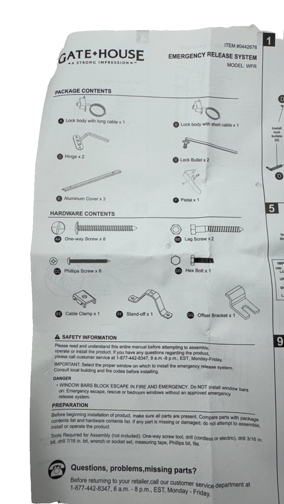 Window Bar Emergency Release Kit Gatehouse 0442676 NEW