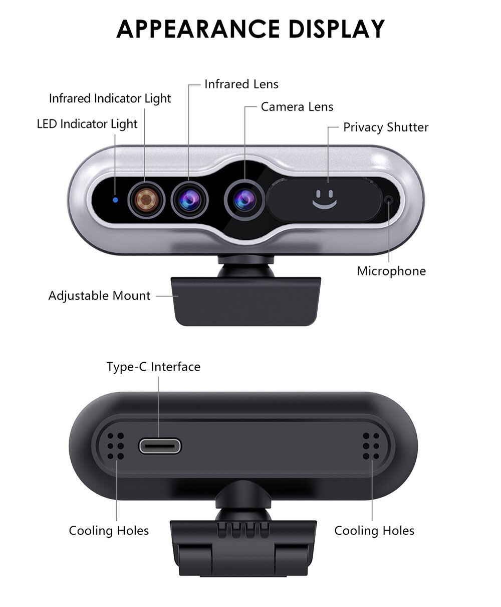 TOALLIN 2K QHD Webcam Auto-Focus Windows Hello Privacy Shutter with Microphone