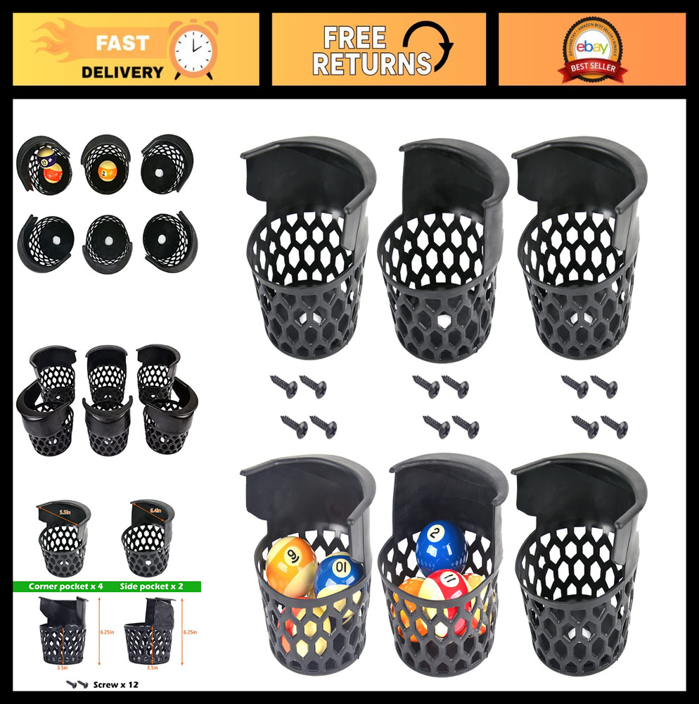 Replacement Pool Table Pockets - Set of 6 Durable Plastic Billiard Table Pockets