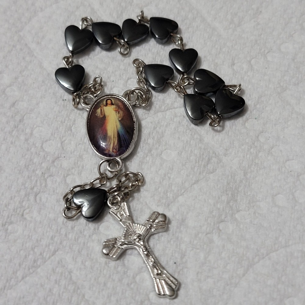 One Decade Pocket Rosary Hemetite Hearts, Catholic, 7"