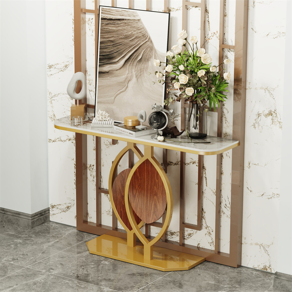 Modern Console Table Sintered Stone entry Table with Geometric/Leaf Golden Base