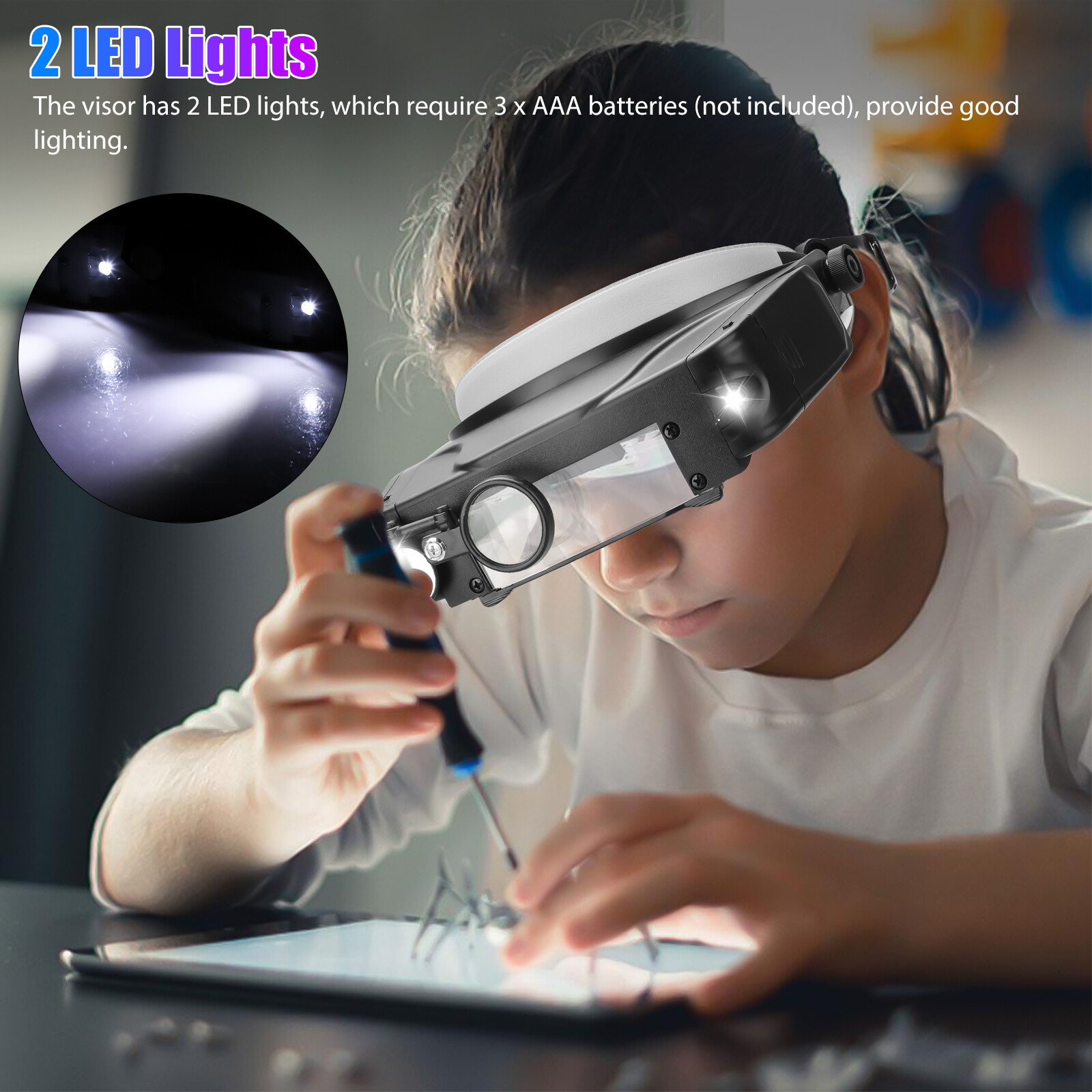 Jewelers Head Headband Magnifier 2 LED Illuminated Visor Magnifying Glasses Lens