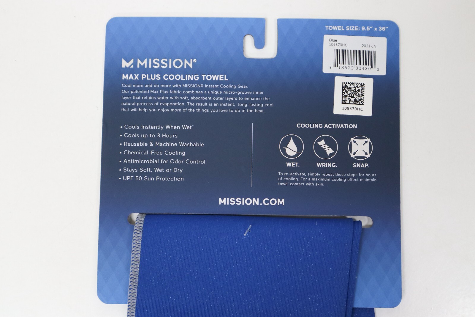 Mission Max Plus Blue Reusable Cooling Towel 9.5"x36" Wet Wring Snap UPF 50