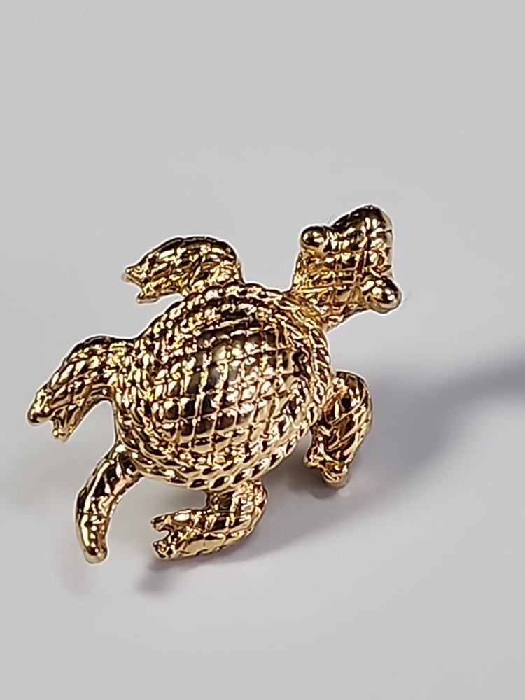 Turtle Lapel Pin Gold Color Cross Hatch Texture
