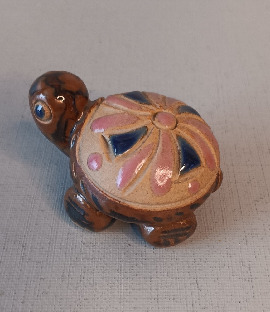 Turtle Figurine Small Embellished Shell Ceramic Pottery Glazed