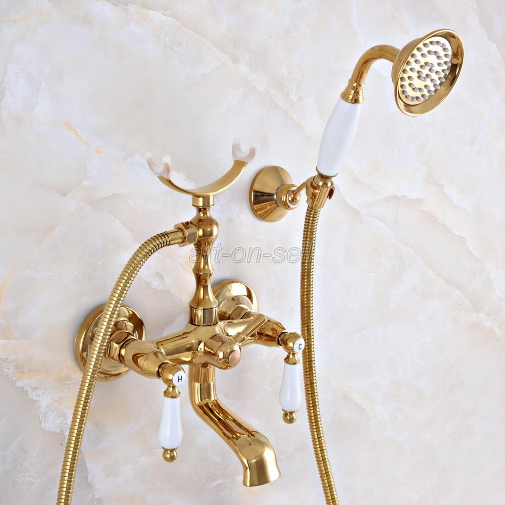 Gold Color Brass Bathroom Clawfoot Bath Tub Faucet w/ Handheld Shower ana902