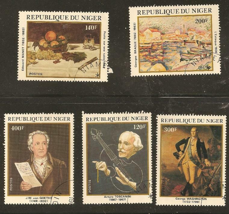 5 Niger Art Stamps; Lightly Cancelled, Lightly Hinged