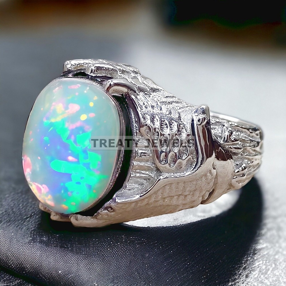Opal Oval Cut Gemstone With 14K Solid White Gold Ring For Men's #859