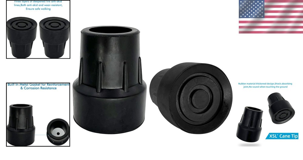 Replacement Cane Tips (Pack of 2) - 1 Inch Black, Skid-Resistant Safety Solution