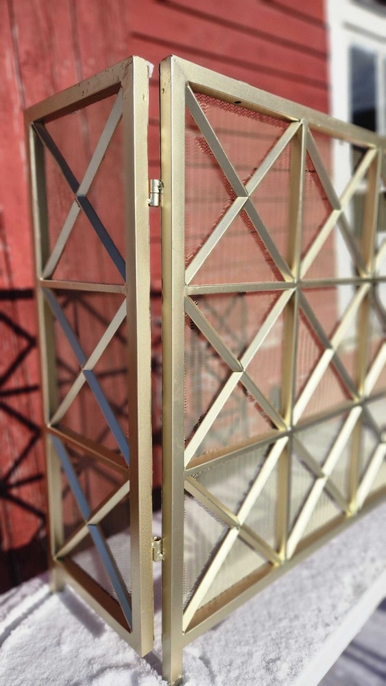 3 Panel Gold Iron Fireplace Screen Modern Lattice Mesh Folding Hearth Guard