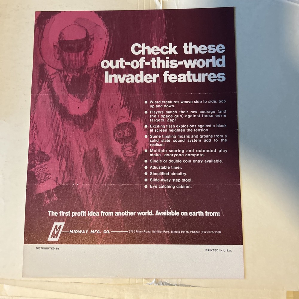 NOS Folded ORIGINAL THE INVADERS MIDWAY ARCADE GAME FLYER