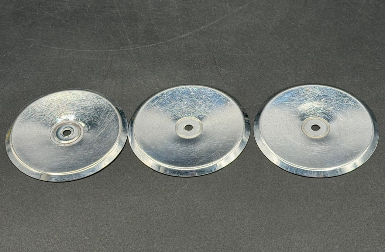 3 Vintage Chrome Concave Round Pull Knobs w/ Matching Backplates & Screws.