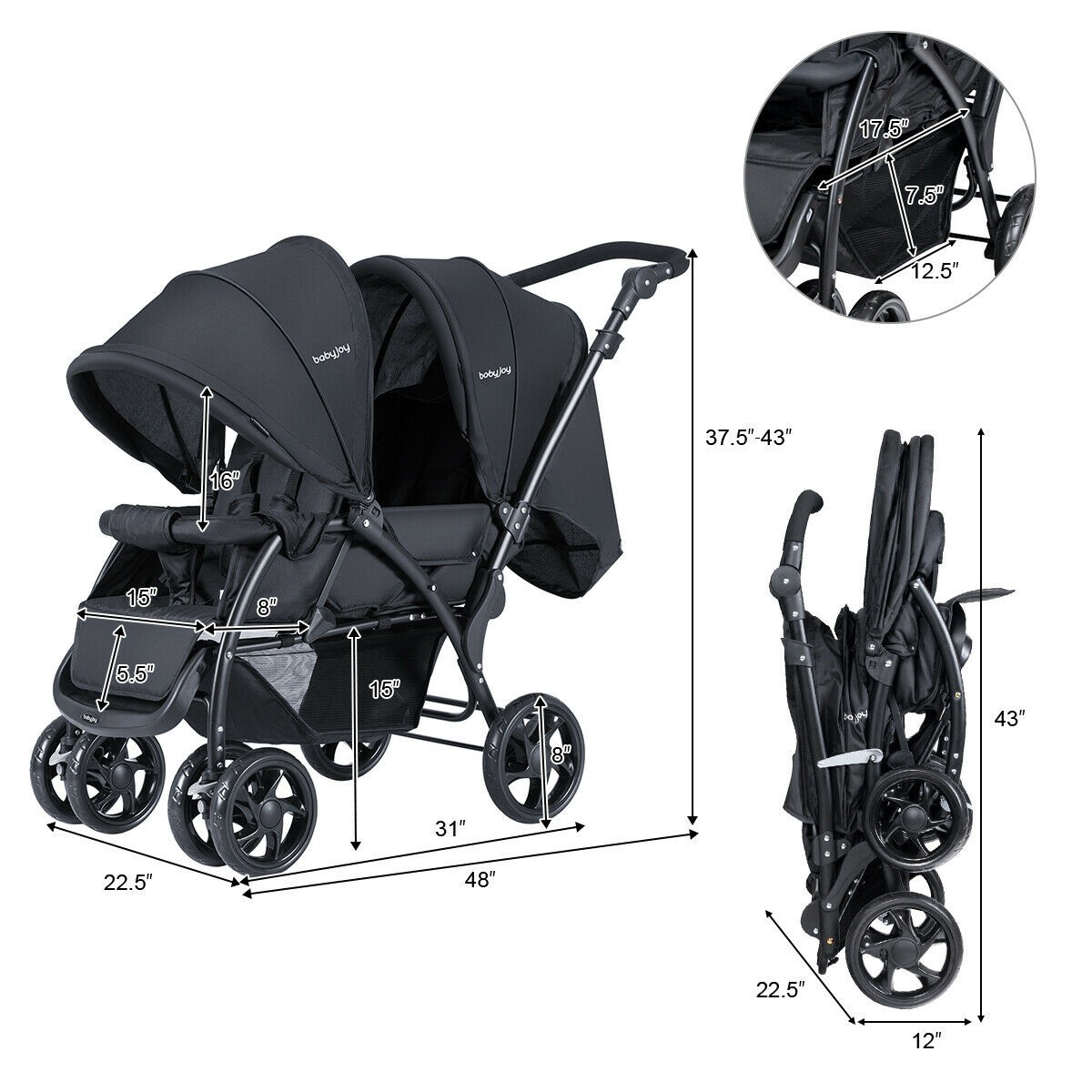 Foldable Twin Baby Double Stroller Lightweight Travel Stroller Infant Pushchair