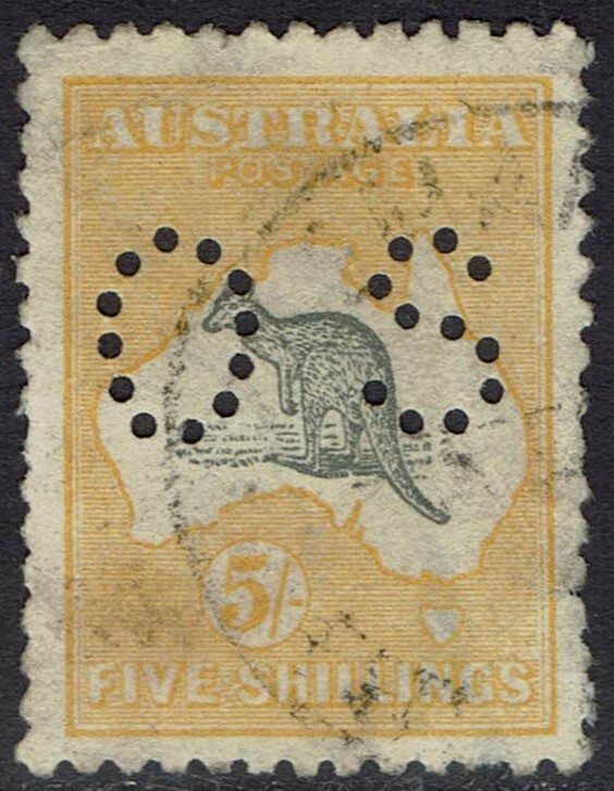 AUSTRALIA 1915 KANGAROO OS 5/- 2ND WMK USED