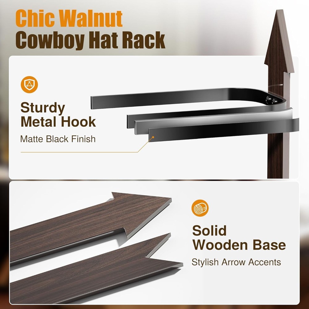 Cinati Cowboy Hat Rack, Holder Wall Mount Walnut-1 Pack, Walnut