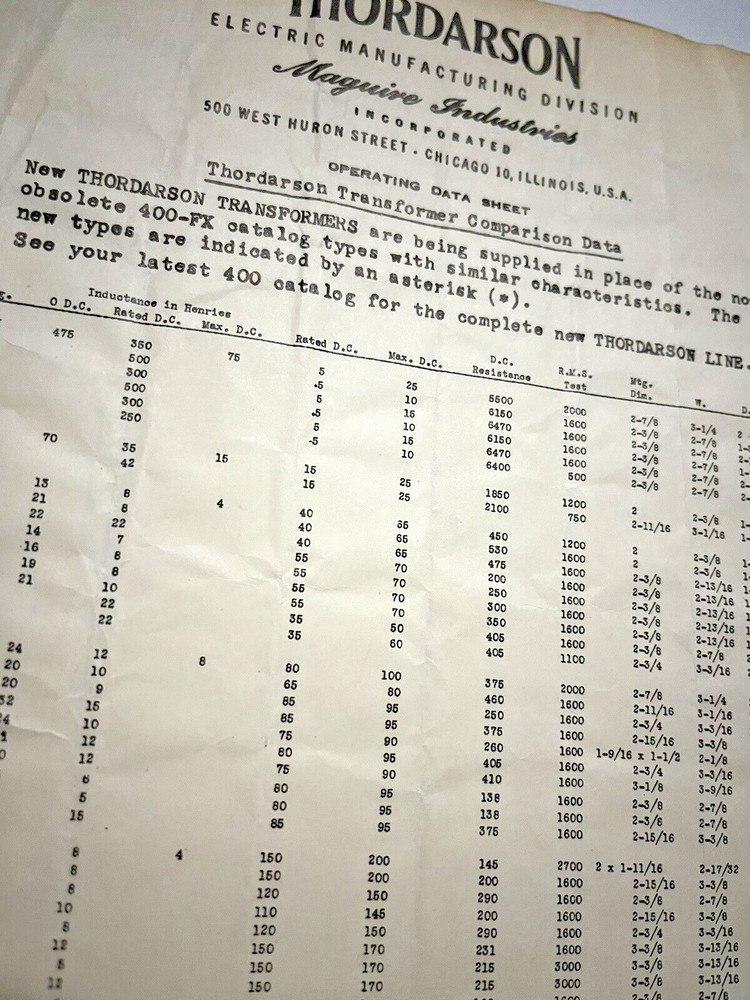 TRANSFORMERS BY THORDARSON COMPLETE CAT. NO 400-FX 1942 & COMPARISON DATA JB61