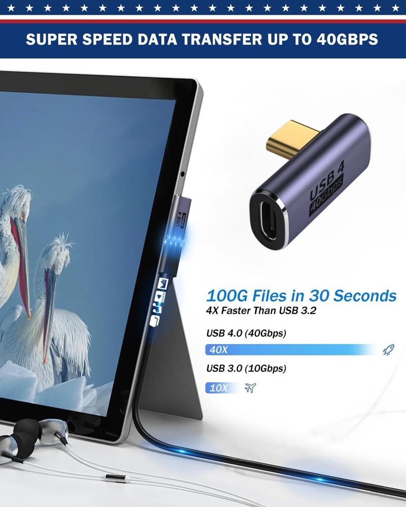 ShineeKee 90 Degree Right Angle USB C Adapter 40Gbps Data 2PCS, Space Grey