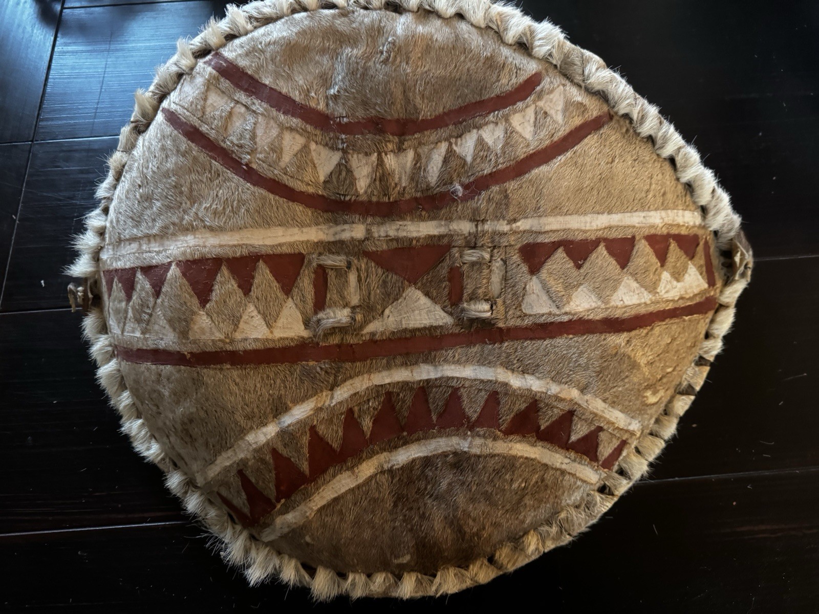 Vintage 18" Handmade African Maasai Warrior Sheild Real Fur Buffalo Hide & Wood