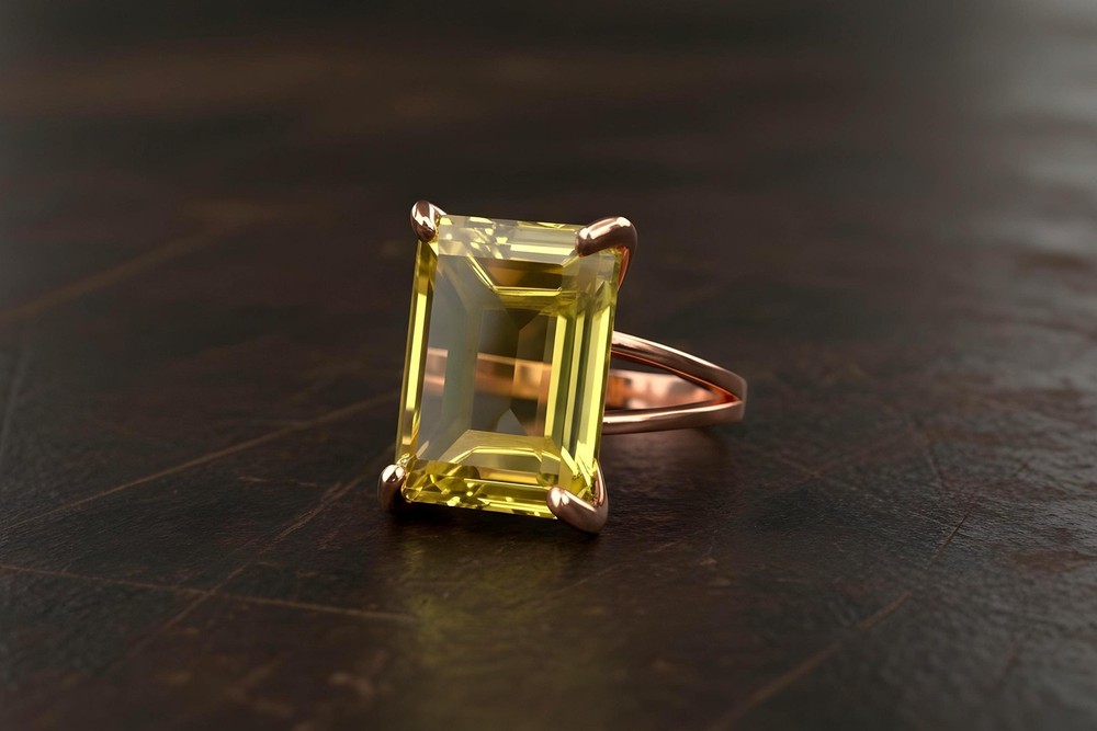 Lemon Quartz Ring Anemone 14k Gold Filled Emerald Cut Rectangle Stone