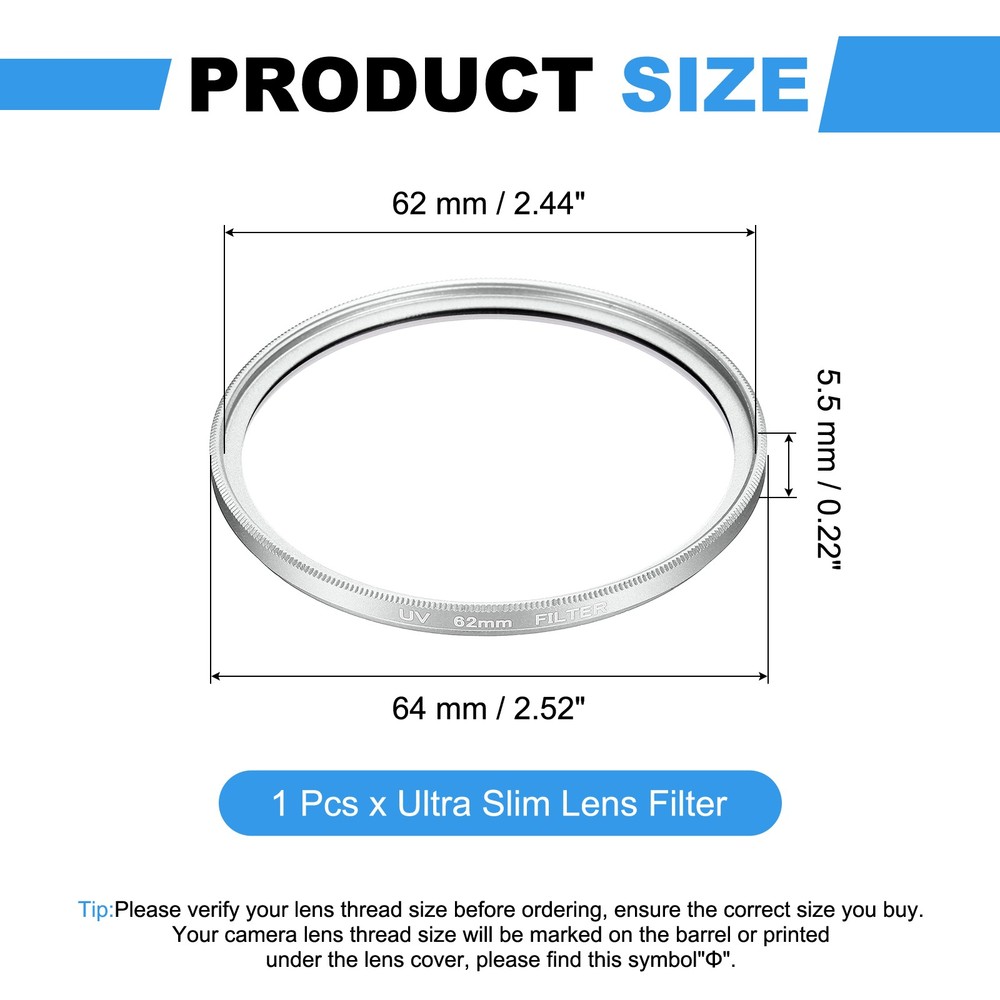 62mm Ultra Slim Lens Filter Multi Coating Camera Len Filter, Silver