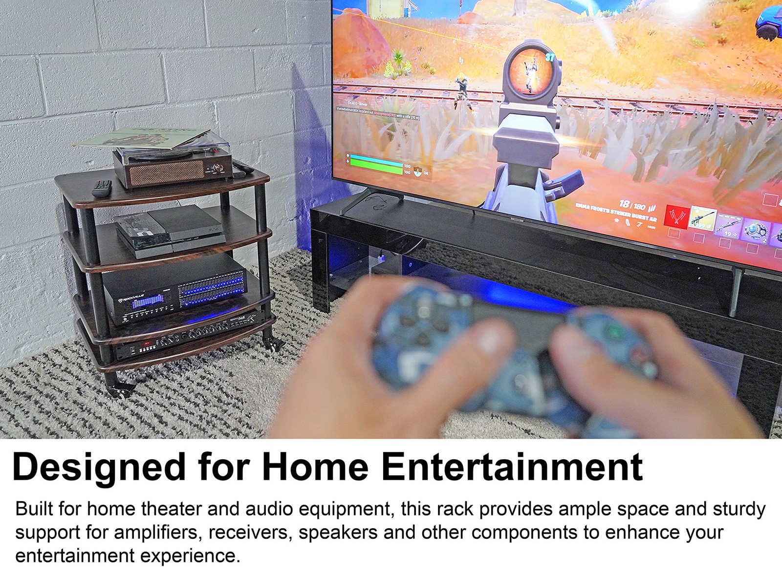 Rockville FLX Dark Wood Adjustable Height 4 Shelf Home Theater Audio Rack Stand