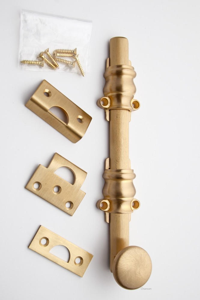 Chanson Hardware Solid Brass 8" Surface Bolt w/ Ornate Guides - Satin Brass