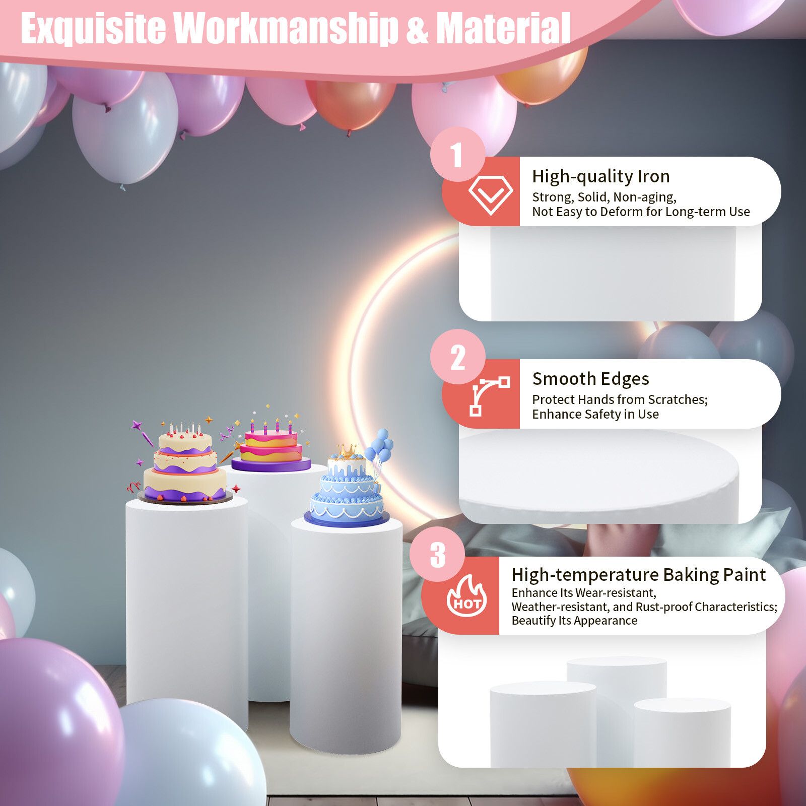 3 Pcs Round Cylinder Pedestal Stand For Wedding Party Display Stand Decor White