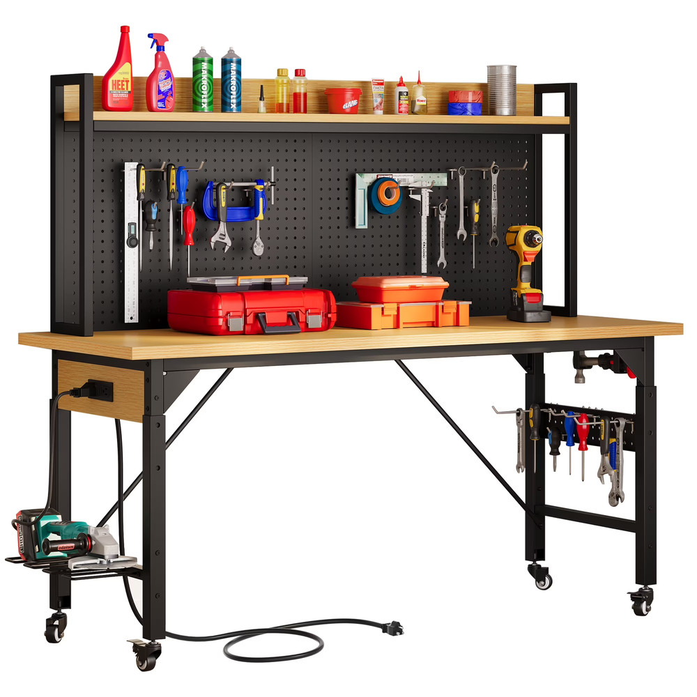 59” Heavy Duty Workbench w Pegboard Wheels Power Outlets 2000 lb