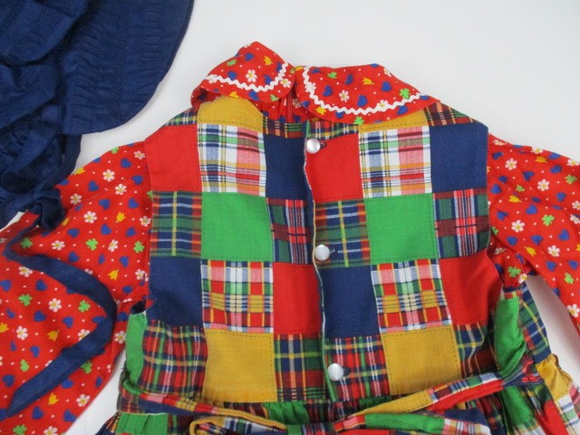 Pilgrim Pioneer Costume Girl Colonial Prairie Dress Apron Bonnet Floral Plaid