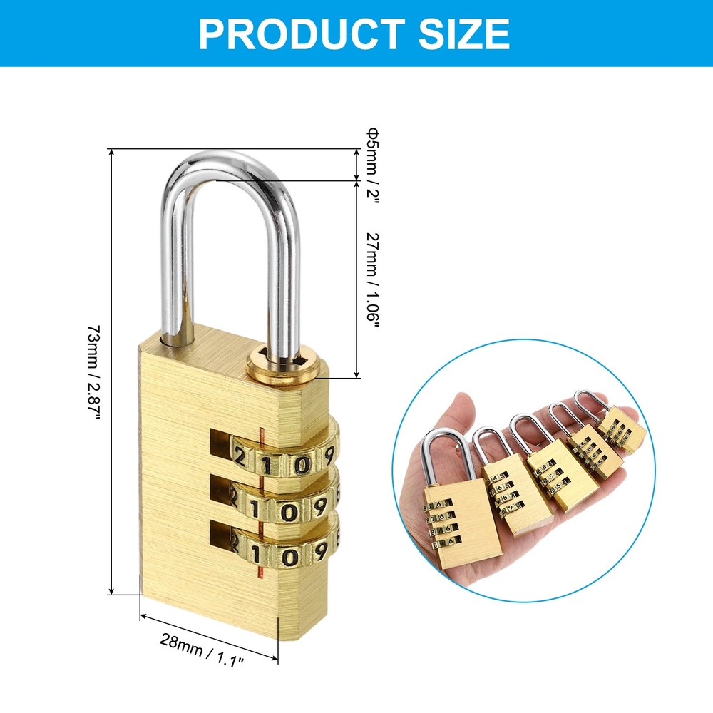 Brass Combination Lock 2.87", 3 Digit Resettable Combination Padlock Yellow
