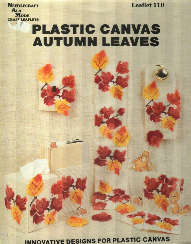 USED AUTUMN LEAVES COASTERS TISSUE BOX COVER PLASTIC CANVAS PATTERN LEAFLET