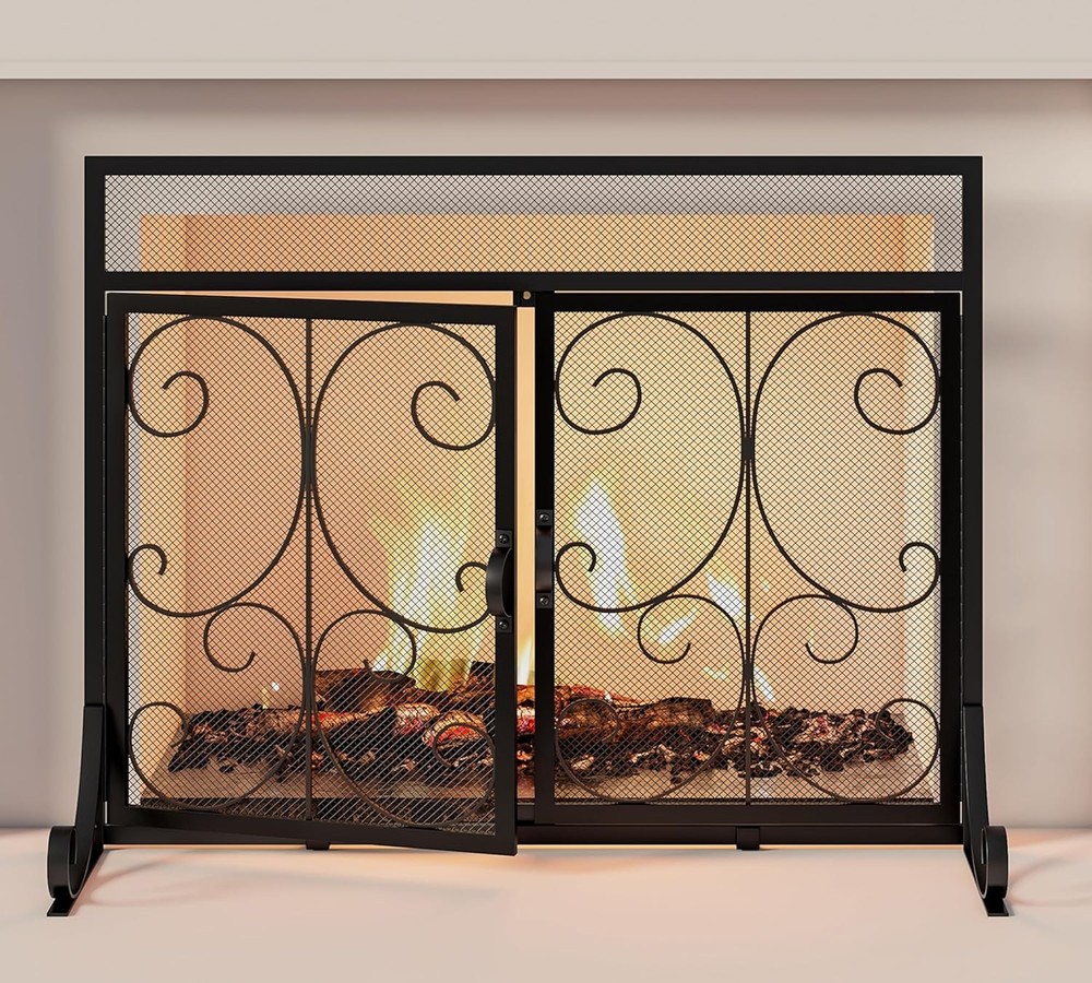 Flat Fireplace Screen with Doors, Wrought Iron Frame with Metal Mesh, Flat Panel