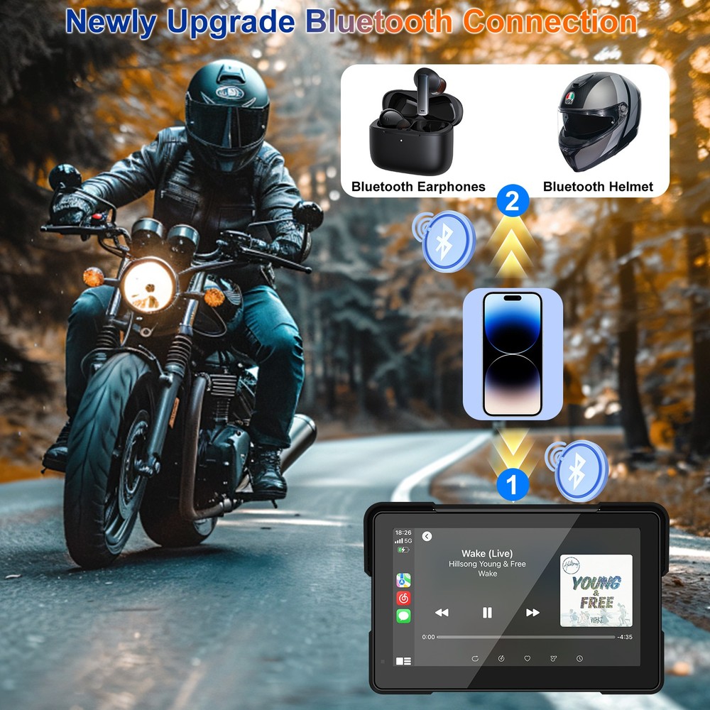 7" Waterproof Motorcycle Navigator Portable Wireless CarPlay Android Auto Screen