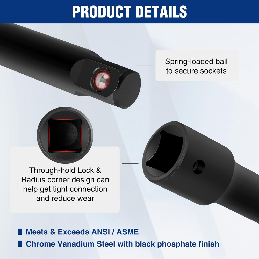NEW 1/2inch Drive Impact Extension Bar Set 3PC Socket Extensions 3” 6” 8” w/Tray